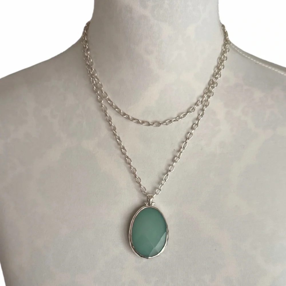 Stella & Dot Silver Sanibel Two Sided Stone Pendant Necklace Green / Labadorite